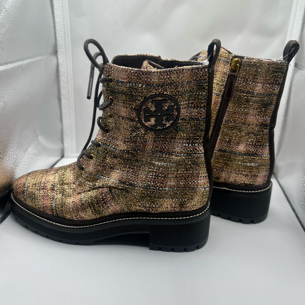 TORY BURCH MILLER 50MM LUG SOLE BOOT ROSEGOLD METALLIC TWEED BROWN LOGO - Picture 3 of 12